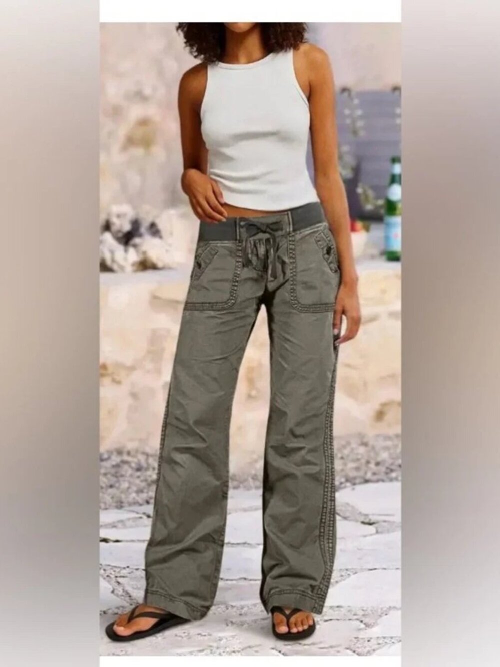 Flamingals Laid Back Drawstring Waist Mid Rise Pants - Large 10-12